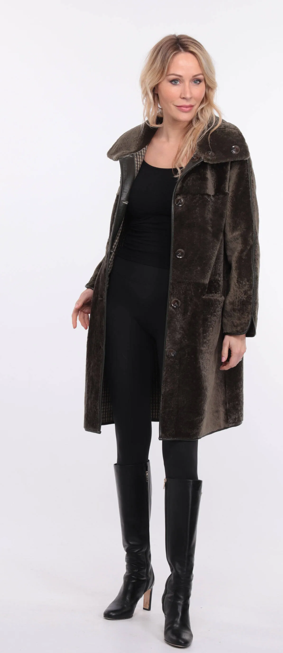 Reversible women's khaki sheepskin coat.