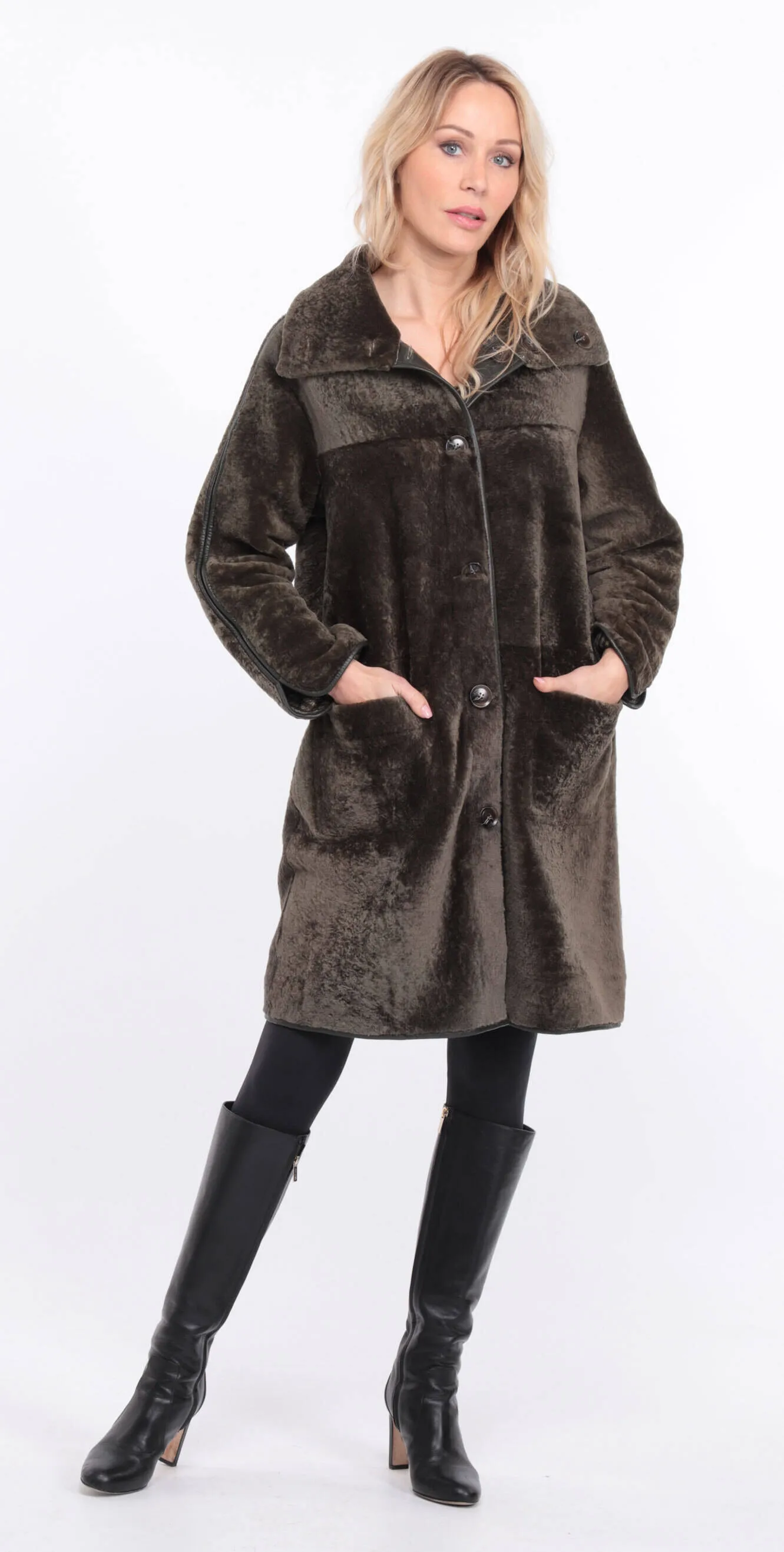 Reversible women's khaki sheepskin coat.