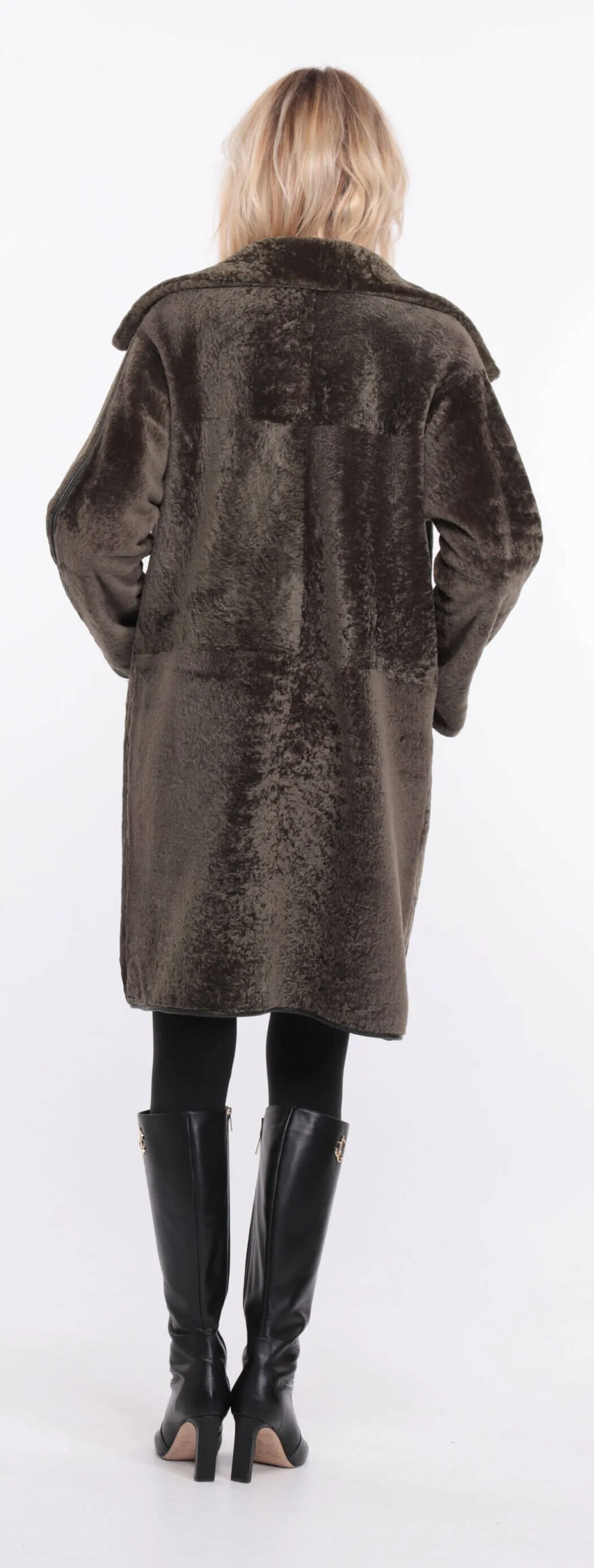 Reversible women's khaki sheepskin coat.