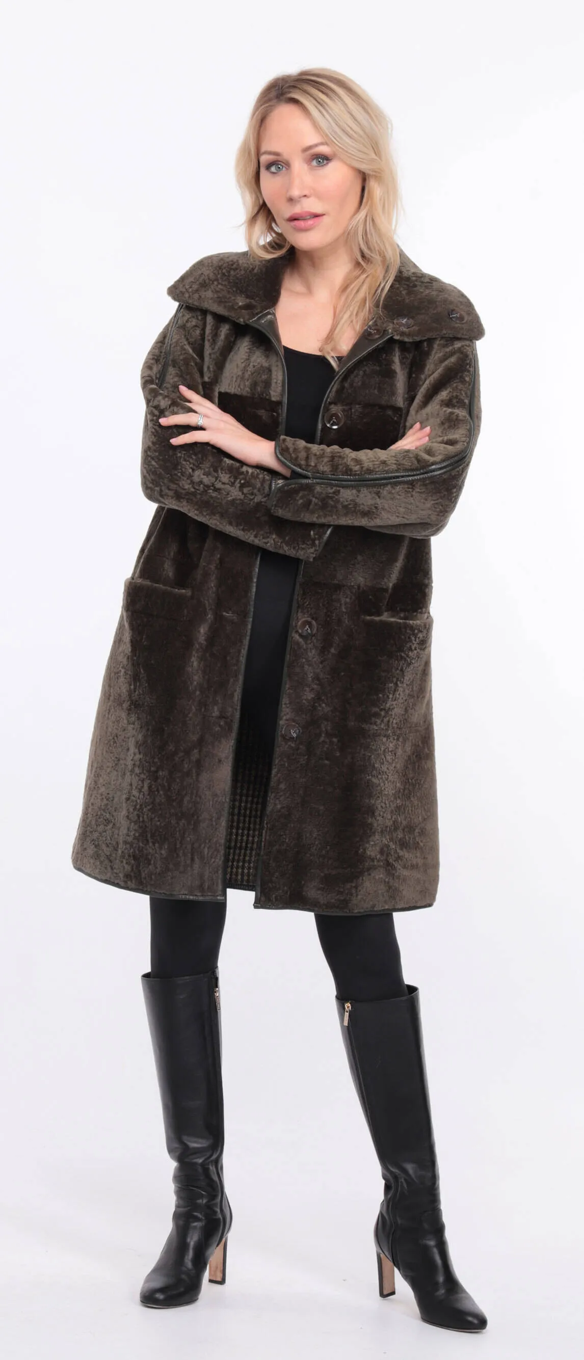 Reversible women's khaki sheepskin coat.