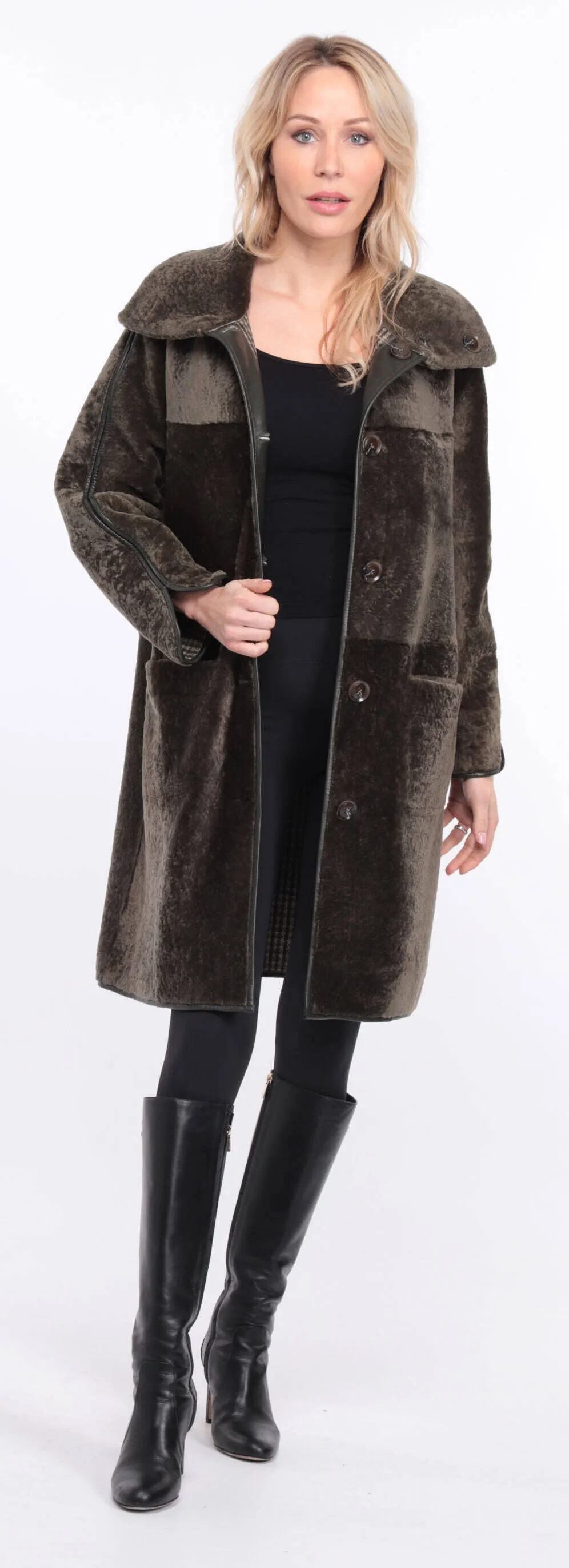 Reversible women's khaki sheepskin coat.