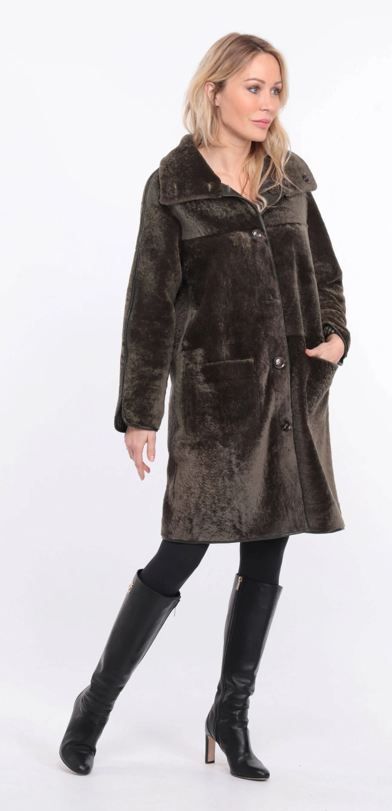 Reversible women's khaki sheepskin coat.