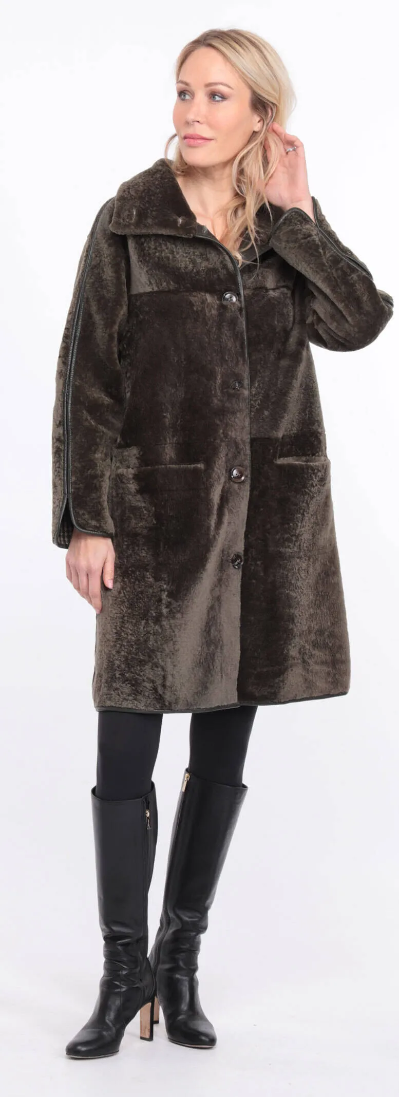 Reversible women's khaki sheepskin coat.