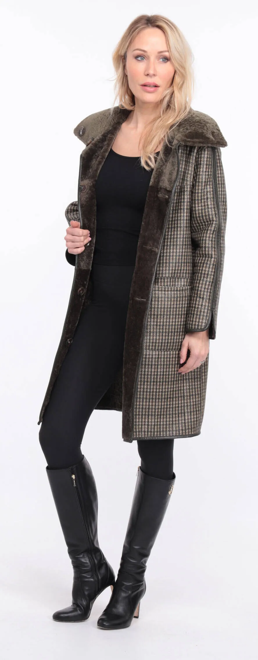 Reversible women's khaki sheepskin coat.