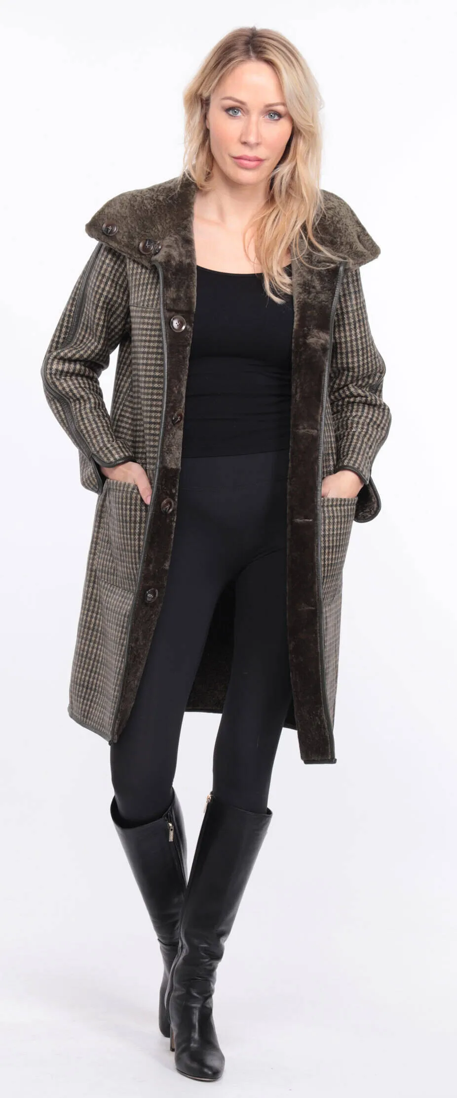 Reversible women's khaki sheepskin coat.