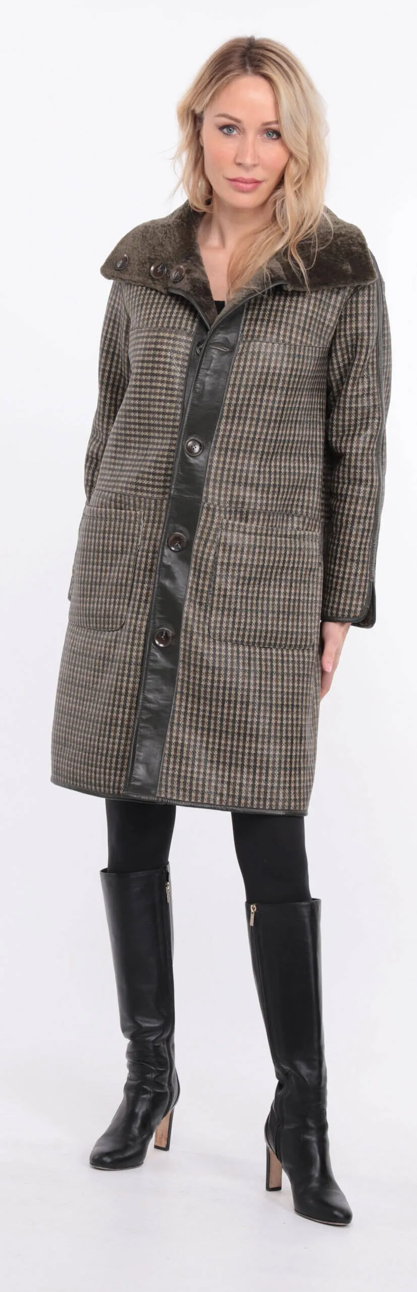 Reversible women's khaki sheepskin coat.