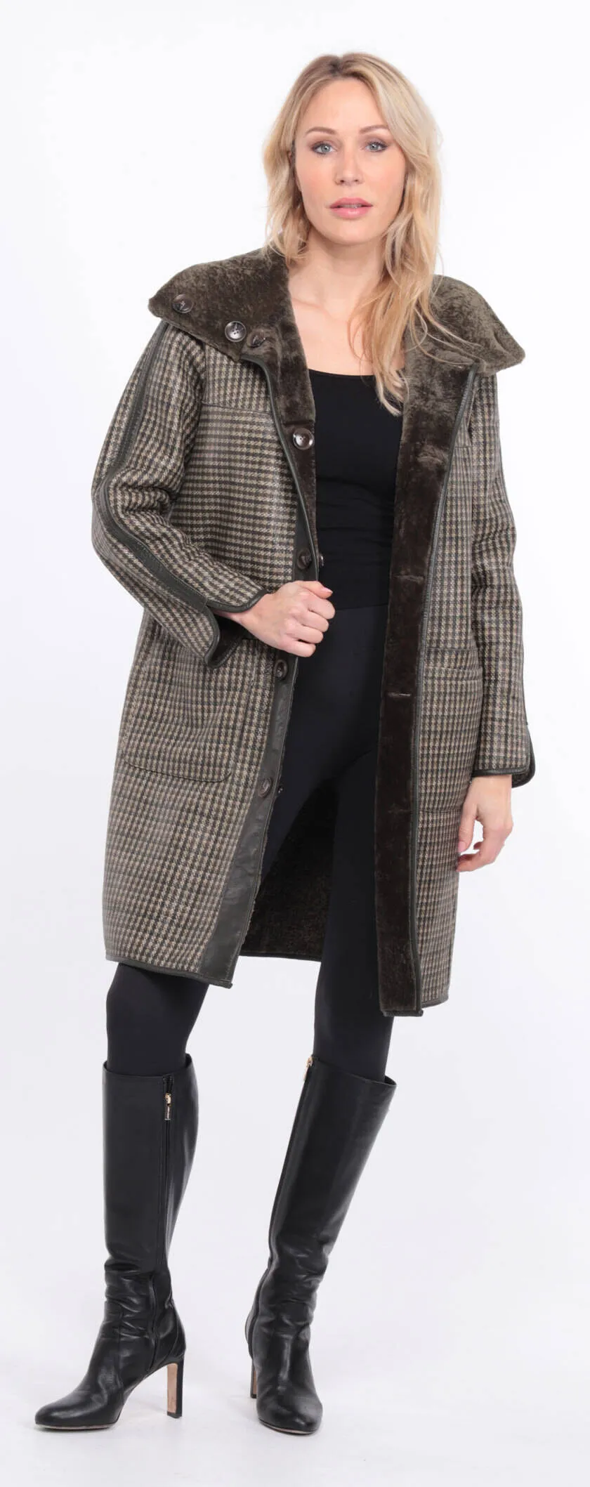 Reversible women's khaki sheepskin coat.