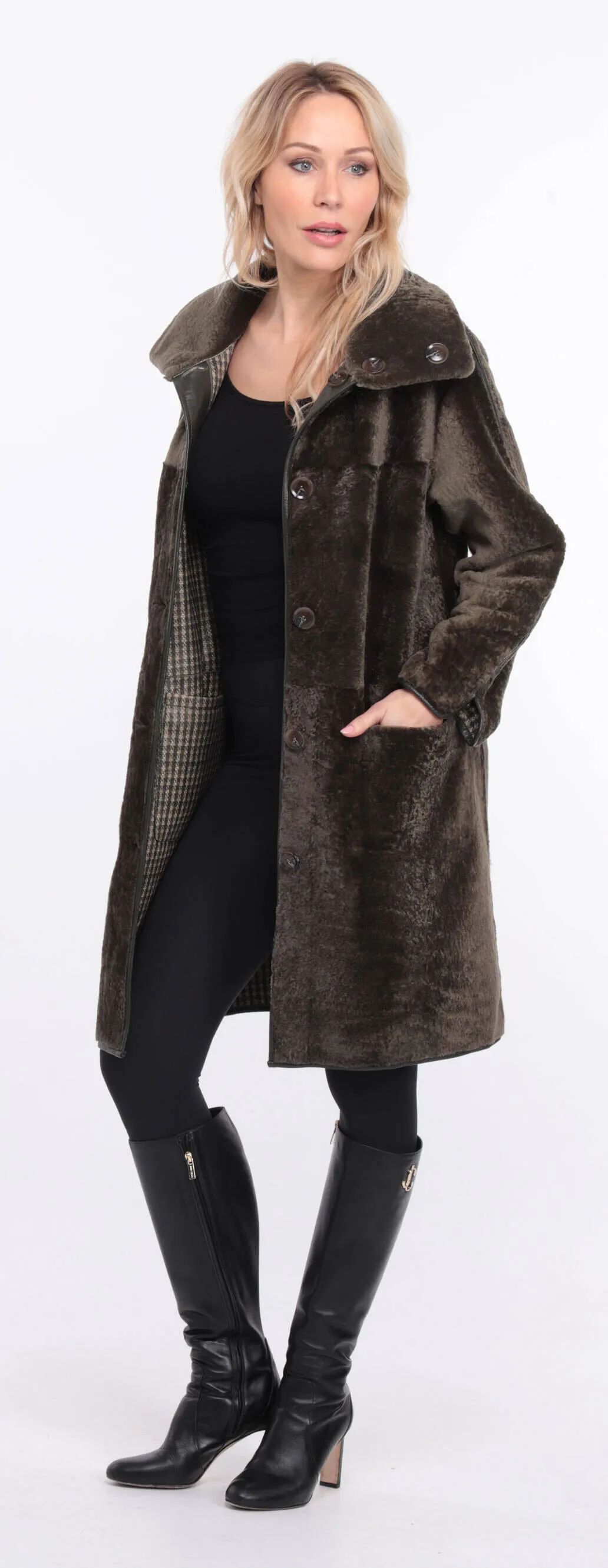 Reversible women's khaki sheepskin coat.