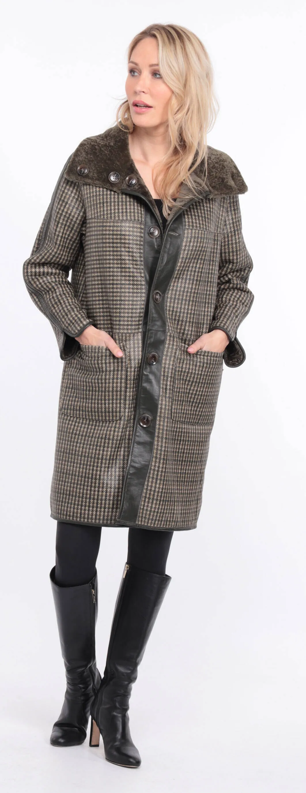 Reversible women's khaki sheepskin coat.