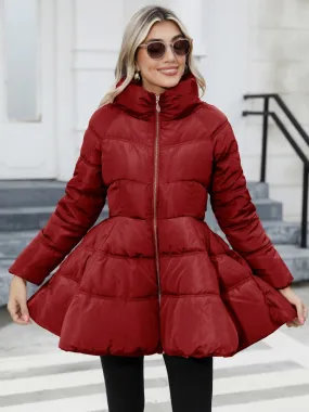 Women's Winter Coat with Stand Collar, Zipper Pockets - Outerwear